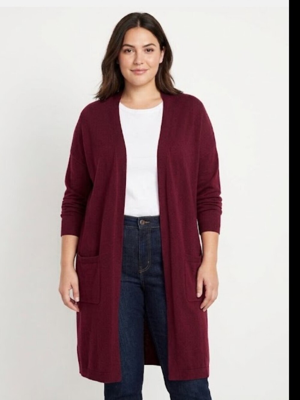 J. Jill Open Long Cardigan Sweater Large Burgundy Long Sleeve With Pockets